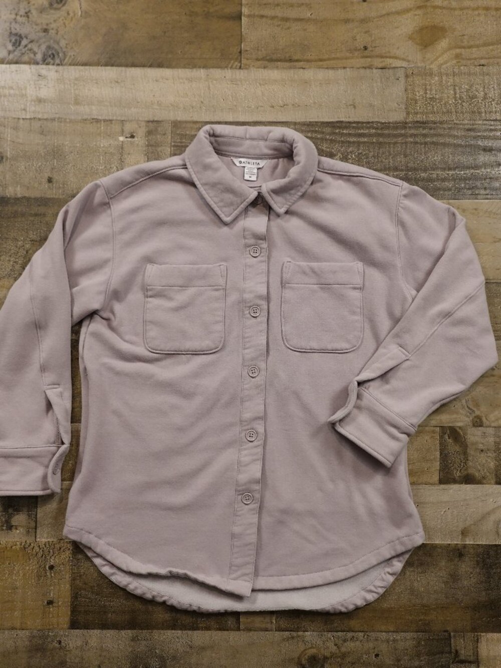 Athleta Retroplush Shirt Jacket Women’s Medium Light Taupe Button Front Soft‎